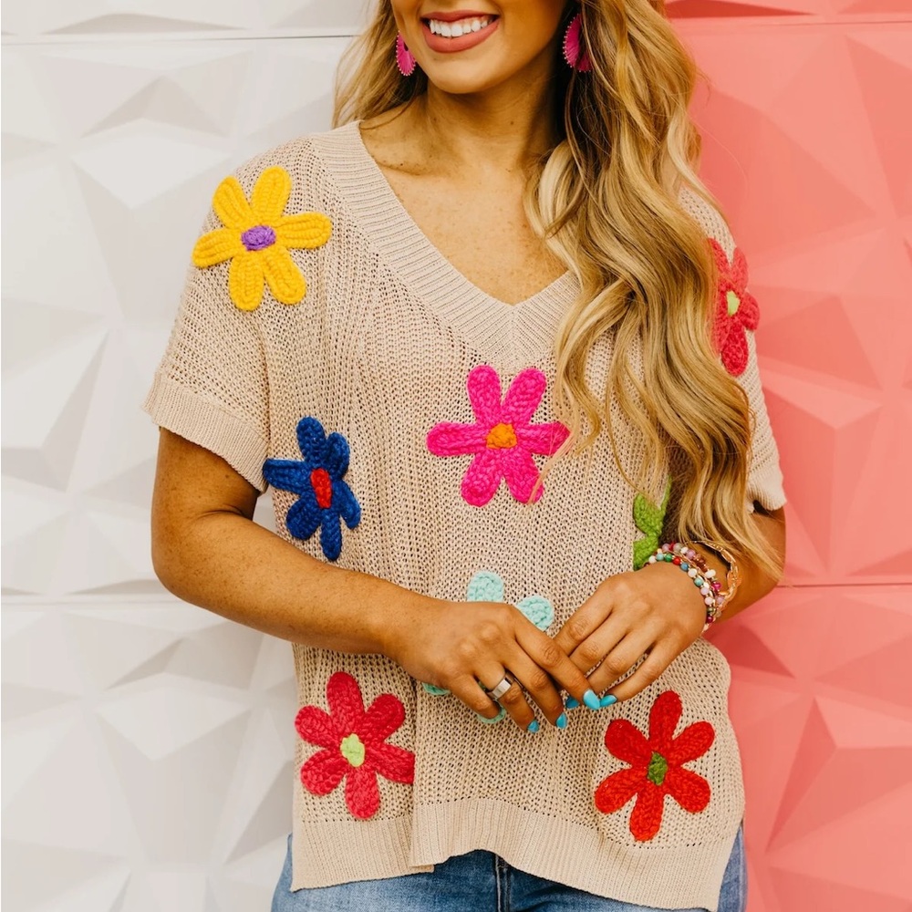 BiBi Beige V-Neck Sweater with Colorful Floral Accents, S